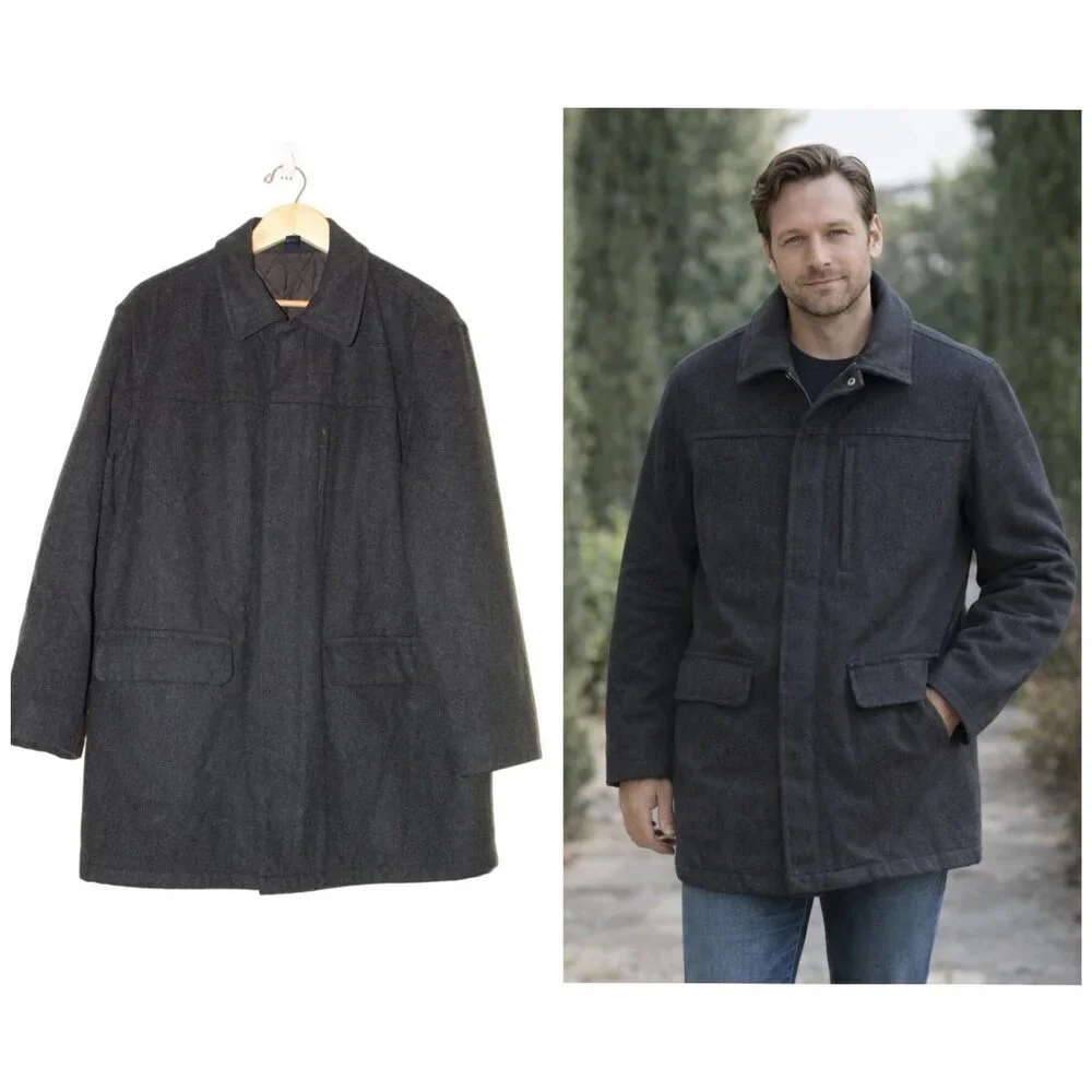 J. Crew Wool Blend Men Black Jacket Size Large Zip up front Pea Coat Pockets
